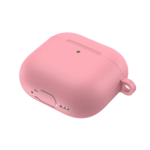 Detailed view of pink silicone AirPods 4 case with precise cutouts and side hook hole