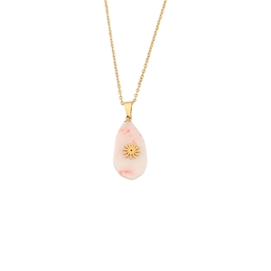 Irregular natural stone pendant necklace with gold sun emblem on a stainless steel chain