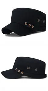 Detail of black cotton cadet cap with side ventilation eyelets and fashion metal buttons