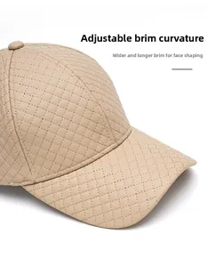Detail of quilted PU leather baseball cap with wide foldable brim for face contouring