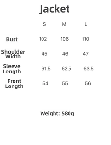 Detailed size chart for the colorblock print jacket with bust and sleeve measurements