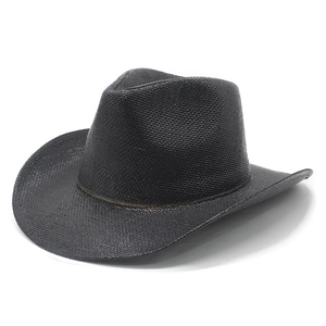 Classic black woven western cowboy sun hat with wide brim and dented top for men and women