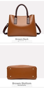 Detailed back view and bottom of brown tote bag showing golden protective rivets