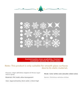 Detailed specs of PVC snowflake window decals with UV micro-printing and size details