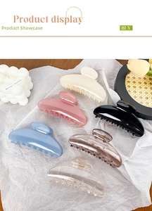 Detail set of six colorful PC hair claw clips in matte and transparent finishes