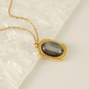 Retro 18K gold plated stainless steel necklace with a square purple natural stone pendant