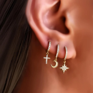 Asymmetrical Star Moon Hoop Earrings Copper Zirconia Inlaid Gold Silver Rose Gold Plated Drop Earrings For Women Fashion Jewelry