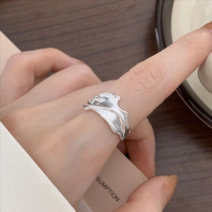 925 Sterling Silver Open Ring Irregular Molten Lava Texture Liquid Metal Style Minimalist Adjustable Jewelry For Women