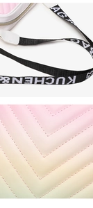 Detail of V-quilted stitching and pink-green gradient leather with logo strap