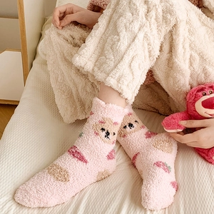 Warm pink coral fleece socks with cute strawberry and bear patterns for winter home wear