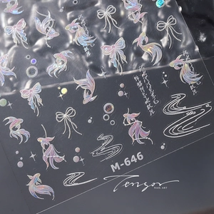 Detail of M-646 laser bronze nail stickers featuring goldfish and butterfly patterns