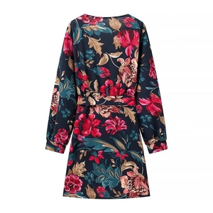 Women's V-neck long sleeve floral dress in navy blue with pink flower print back view