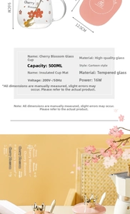 Detail of cherry blossom borosilicate glass cup set with electric mug warmer base