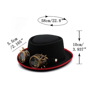 Steampunk black top hat with bronze goggles and gear details with size dimensions