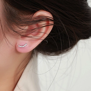 Minimalist S925 sterling silver curved smile stud earrings with pavé zircon stones