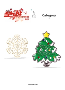 Detail of enamel Christmas tree brooch and hollow snowflake pin with fine metal finish