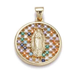 Detailed view of round gold pendant with religious relief and colorful zircon stones