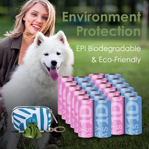 Eco-friendly EPI biodegradable pet waste bags with a striped dispenser on outdoor lawn