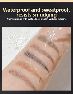 Waterproof eyebrow pencil swatches on skin in five shades showing texture and durability
