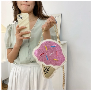 Creative ice cream cone crossbody bag with pink glitter and gold chain strap detail