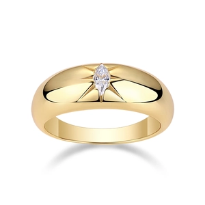 Polished S925 sterling silver ring with marquise-cut Moissanite and starburst engraving