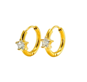 Close-up of golden stainless steel hoop earrings with clear star-shaped zircon crystals