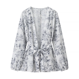 Ensemble cardigan d'été pour femme avec imprimé floral bleu et ceinture à nouer