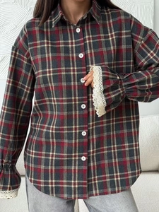 Women Plaid Shirt Long Sleeve Lace Patchwork Blouse Button Up Loose Checkered Top Vintage Streetwear Casual