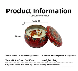 Detail view of 60x40mm tin scented candle showing floral soy wax and mandala pattern