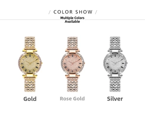 Detailed comparison of crystal-encrusted watches in gold, rose gold, and silver finishes