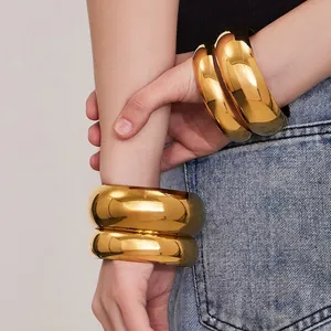 Bracelet Jonc Large Épais Acier Inoxydable Plaqué Or Poli Minimaliste Bijoux Géométriques Pour Femmes