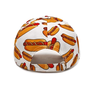 Detail view of the adjustable silver metal buckle on the burger hot dog baseball cap