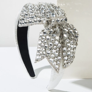 Serre-tête large de luxe avec grand nœud en strass étincelants et fini satin blanc