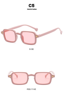 Detail view of pink rectangular sunglasses showing side and front angles with gold accents
