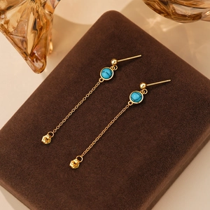 S925 silver turquoise tassel earrings in gold plating on a brown jewelry box
