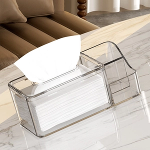 Minimalist clear acrylic tissue box with built-in remote and stationery storage