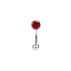 Close-up of a stainless steel eyebrow piercing with a vibrant red round zircon stone