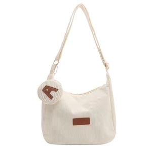 Minimalist beige corduroy tote bag with large capacity and letter A coin purse charm