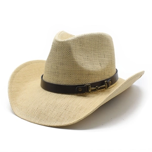 Classic beige straw cowboy hat with brown leather band and metallic buckle detail