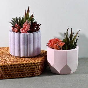 Close-up of succulent pots in purple corrugated and pink geometric faceted resin designs