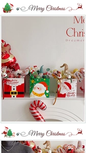 Detailed view of Christmas bouquet gift bags with Santa and snowman plush decorations