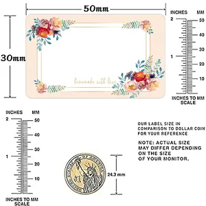 Roll of 250 floral homemade with love food storage stickers showing size 50x30mm scale