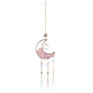 Golden moon suncatcher with natural pink crystal stones and dangling crystal stars