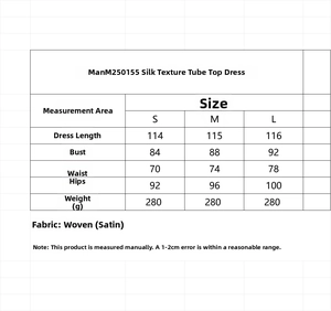 Detailed size chart for the strapless satin dress showing length, bust, waist, and hip measurements