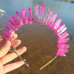 Macro detail of a pink crystal moon crown headband featuring wire-wrapped stones