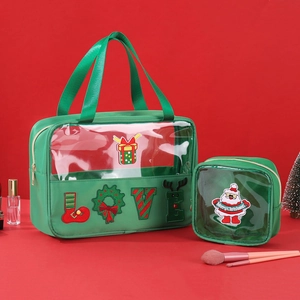 Green Christmas chenille letter cosmetic bags set with holiday patches on red background