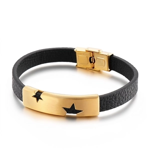 Men Leather Bracelet Stainless Steel Hollow Star Punk Minimalist Matte Finish Fashion Jewelry