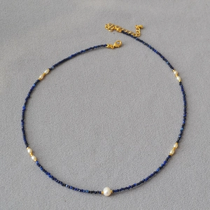 Handmade Minimalist Lapis Lazuli Beaded Necklace With Small Freshwater Pearls Brass Gold Plated Tiny Beads Elegant Jewelry For Women