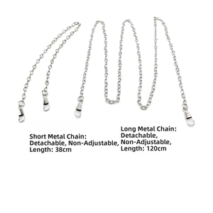 Detail of detachable long and short silver metal chains for luxury evening bags