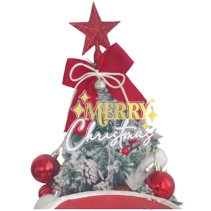 Detail of transparent acrylic Merry Christmas cake topper on a mini festive tree